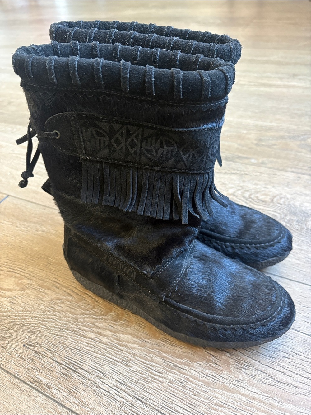 Tecnica Black Pony hair & Leather Fringe Winter Boots w Patterned Strap Details